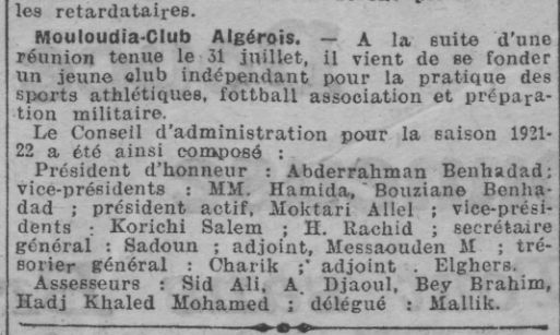 31.7.1921 1er conseil du Mouloudia (naissance officieuse du MCA )