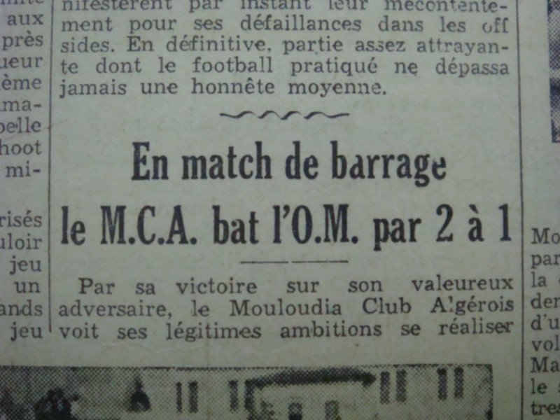 D 7.6.1936 à El Affroun MCA-O.Marengo 2-1 le MCA en HONNEUR