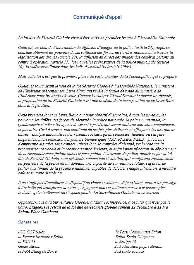 Samedi 12 décembre (11h) à Salon de Provence >> Grand rassemblement contre la Loi dite de "Sécurité Globale" - Rejoignez-nous !