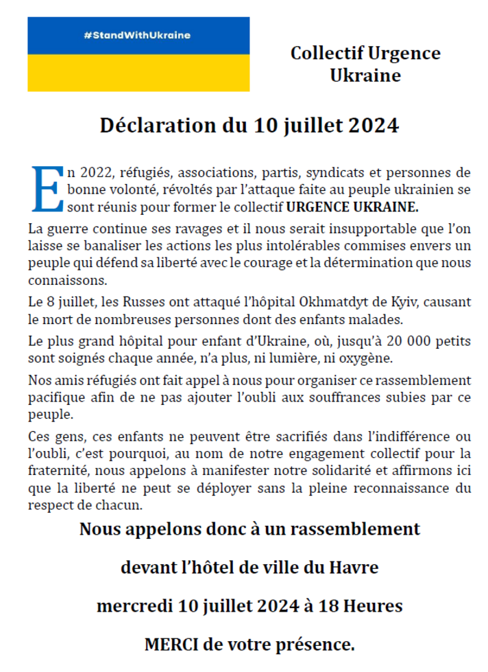 HOPITAL POUR ENFANTS UKRAINIENS BOMBARDE - RASSEMBLEMENT 10/7/2024 18 h HdV LH