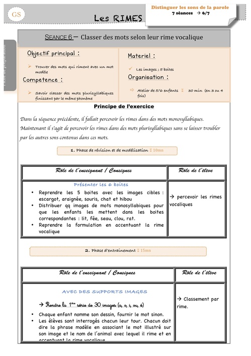 Fiche de préparation sur les rimes