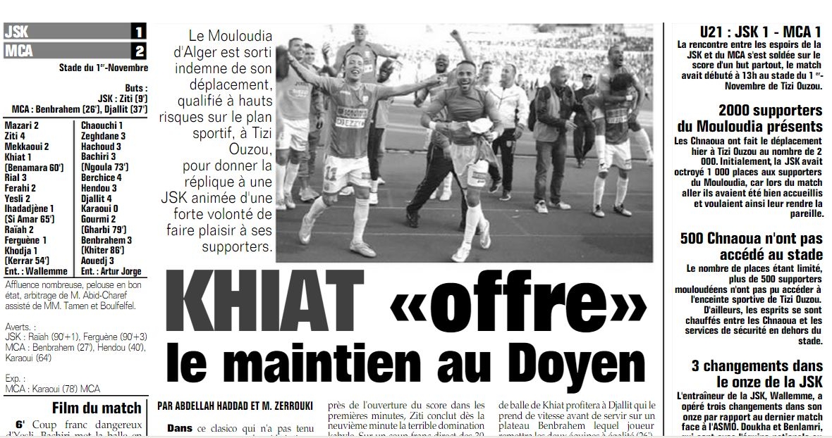 Samedi 28.03.2015 à Tizi Ouzou JSK-MCA 1-2