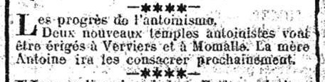 Les progrès de l'antoinisme - Momalle (Journal de Charleroi, 24 juin 1914)(Belgicapress)