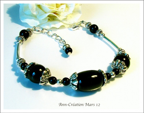 Bracelet Onyx Noire / Métal Argenté & Plaqué Argent