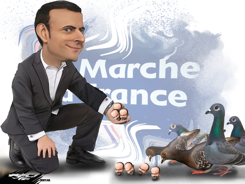 dessin de JERC et texte d'AKAKU du mercredi 29 septembre 2021 Caricature Emmanuel Macron à la recherche des électeurs de droite Avec La république En Marche, on roucoule www.facebook.com/jercdessin ht