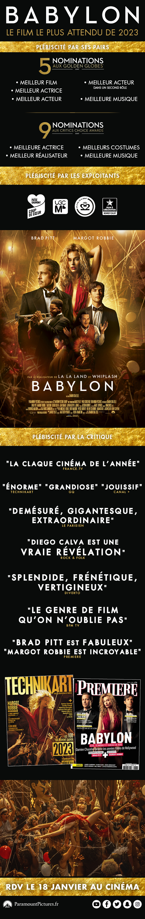 BABYLON acclamé ! avec Brad Pitt, Margot Robbie, Olivia Wilde - Au cinéma le 18 janvier 2023