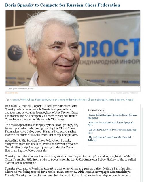 CHESS NEWS BLOG: : Former world chess champion Boris Spassky  says he recovering well after stroke