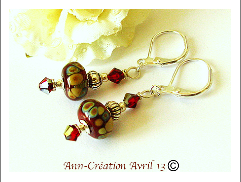 Boucles Dormeuses Verre filé Rouge, Cristal de Swarovski / Plaqué Argent 