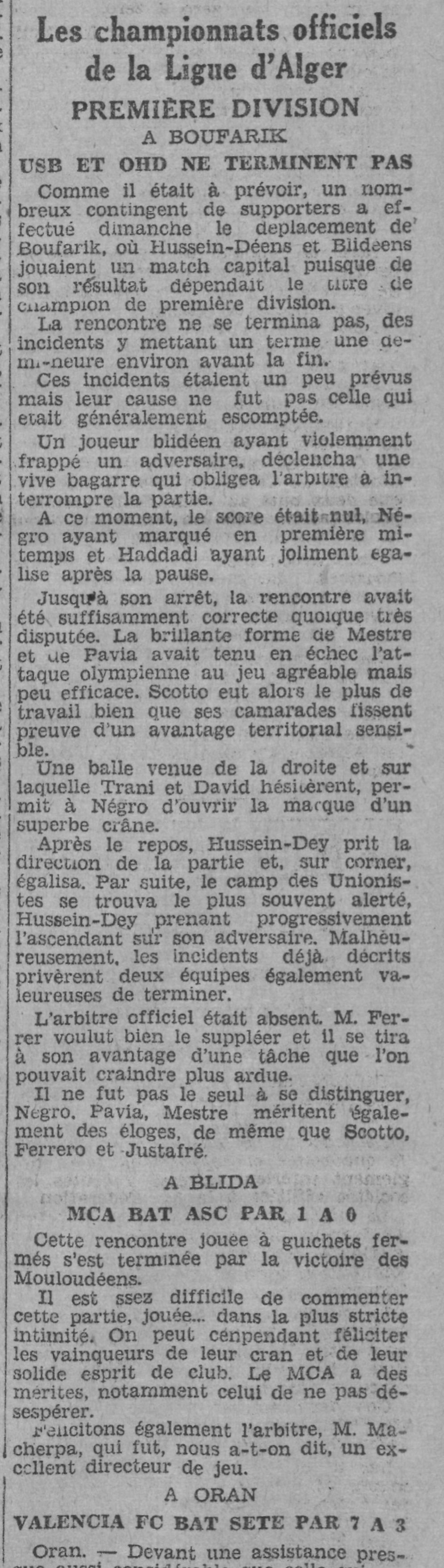 Dimanche 29.5.1932 à Blida Barrage maintien MCA-AS Castiglione 1-0