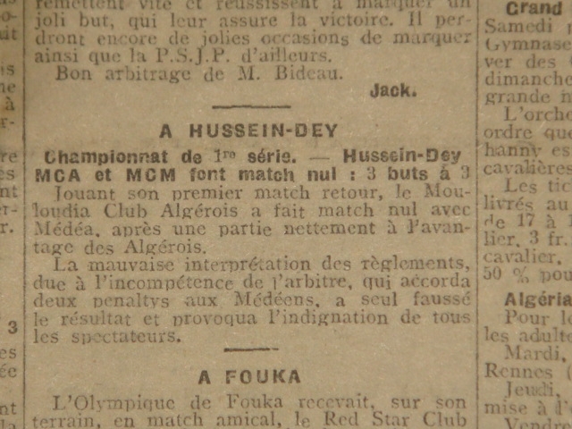 Dimanche 25.11.1923 à Hussein Dey MC Médéa-MCA 3-3