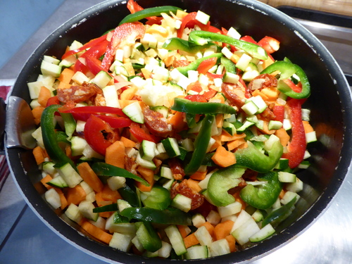 Des Spaghettis au Chorizo et Petits Légumes