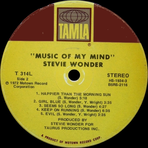 Stevie Wonder : Album " Music Of My Mind " Tamla Records T 314L [ US ]