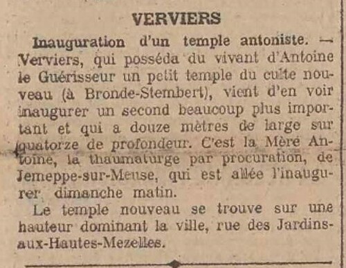 Verviers - Inauguration d'un temple antoniste (L'indépendance belge 13 juillet 1914)