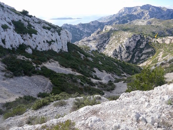 Le vallon que nous avons remonté. En jaune, le trajet vers le le col des Escourtines 