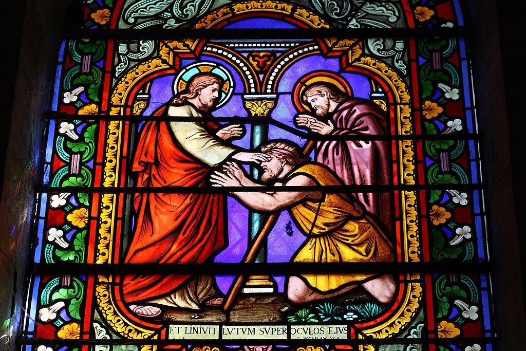 Guérison de l'aveugle-né, vitrail de l'église Saint-Restitut.