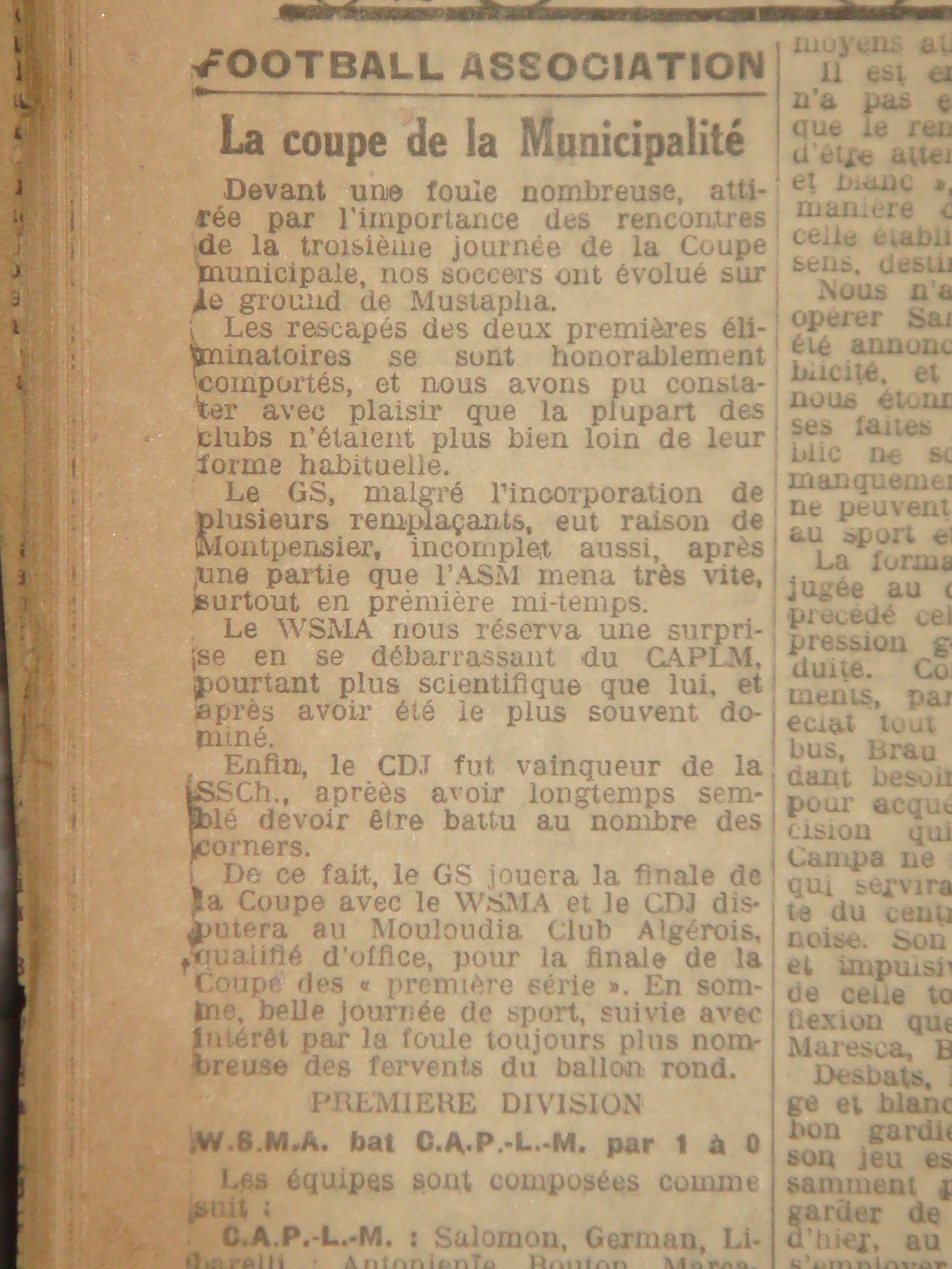 Dimanche 23.9.1928 au Municipal Finale coupe de la Municipalité CDJ-MCA 2-0