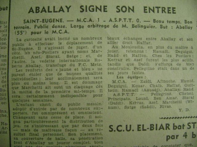 9.1.1955 Amical MCA-ASPTT 1-0 début d'Aballay