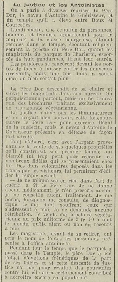 La justice et les Antoinistes - Père Dor (Journal de Liège et de la province 24 02 1914)
