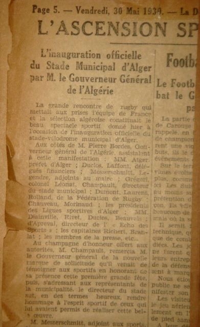 Jeudi 29.5.1930 inauguration officielle du stade municipal d\'alger par un match de Rugby