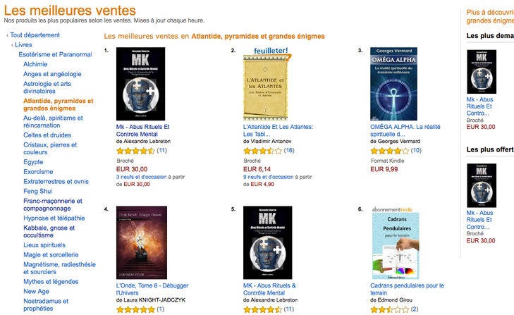 ➤ Le livre MK classé dans les best-sellers en section "ésotérisme-paranormal" sur Amazon