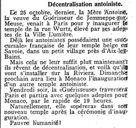 Décentralisation antoiniste (La Sentinelle, 11 décembre 1913)
