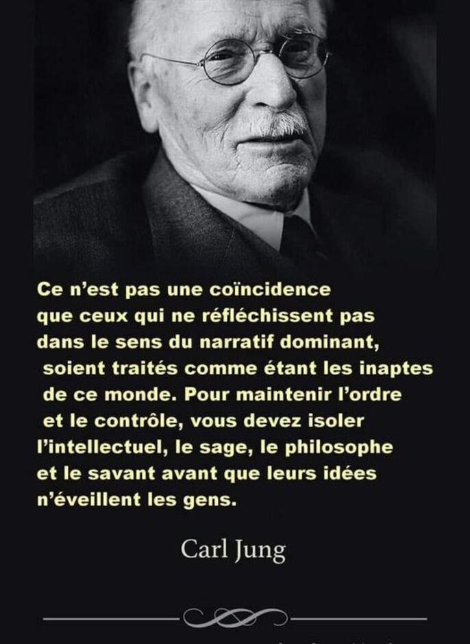 Peut être une image de 1 personne et texte qui dit ’Ce n'est pas une coïncidence que ceux qui ne réfléchissent pas dans le sens du narratif dominant, soient traités comme étant les inaptes de ce monde. Pour maintenir l'ordre et le contrôle. vous devez isoler l'intellectuel, le sage, le philosophe et le savant avant que leurs idées n'éveillent les gens. Carl Jung Jung’