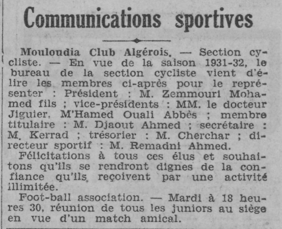 7.9.1931 Cyclisme élection du  bureau  Mouloudia