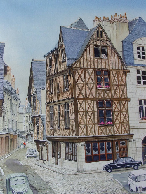 La Place Plumereau du Vieux Tours des années 1970 réalisée en aquarelle par Michel LE BRIGANT Artiste Peintre en Touraine