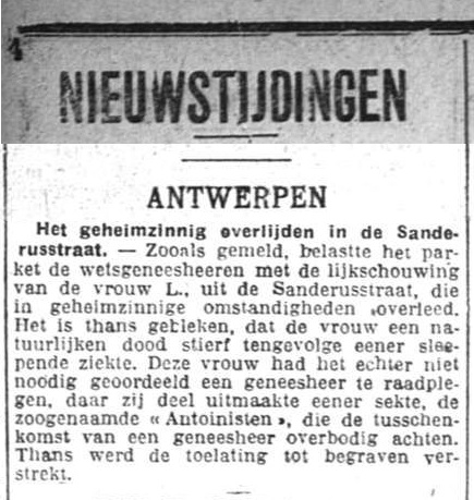 Het geheimzinnig overlijden in de Sanderusstraat (Het Laatste Nieuws, 5 juin 1926)(Belgicapress)