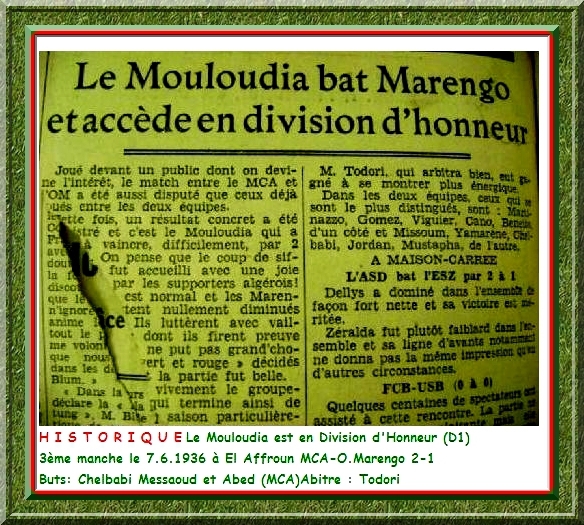 D 7.6.1936 à El Affroun MCA-O.Marengo 2-1le MCA en HONNEUR