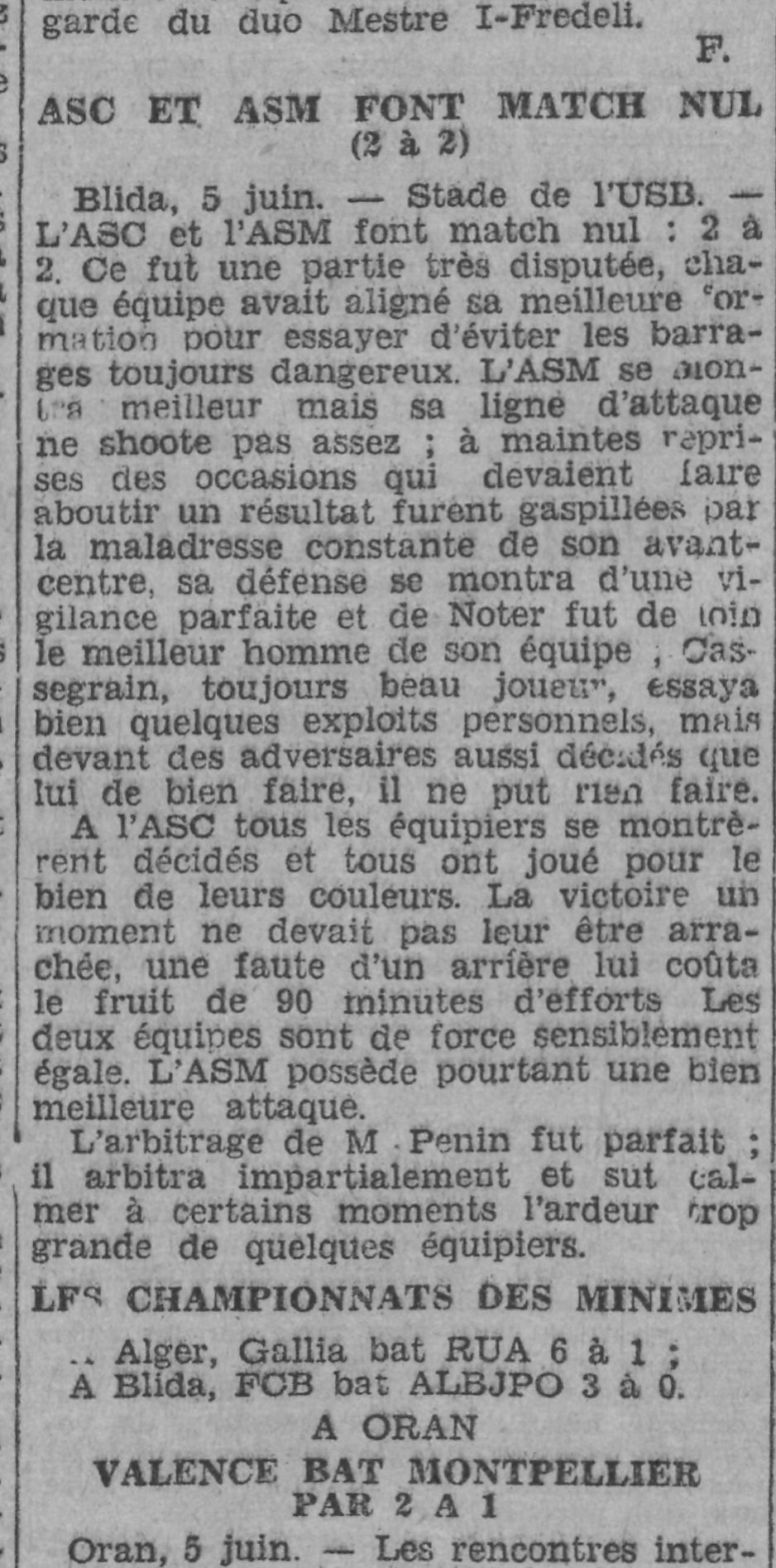 Dimanche 5.6.1932 à Blida Barrage maintien ASC-ASM 2-2