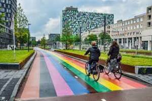 walking bicycle autumn rainbow city street