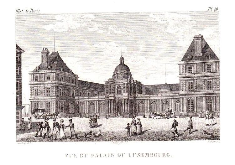 Vue du Palais du Luxembourg, siège du sénat, façade (gravure. 1828).