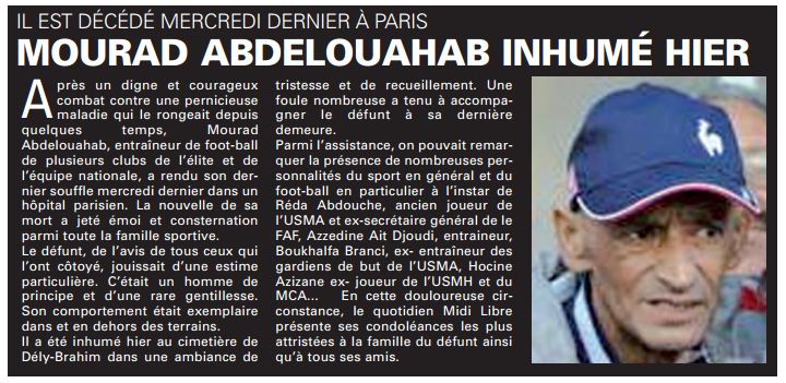 Mercredi 13.8.2008  Décès de Mourad Abdelouahab