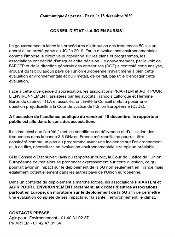 Paris,18 décembre 2020 >>> Conseil d'état : la 5G en sursis