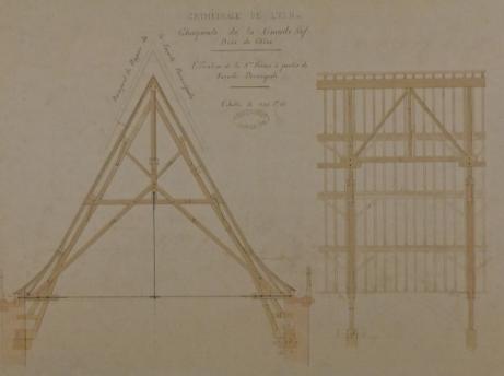 Schéma sépia d'une charpente, de face et de côté.