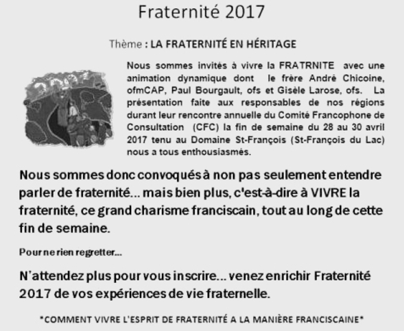 Des nouvelles fraîches de Fraternité 2017