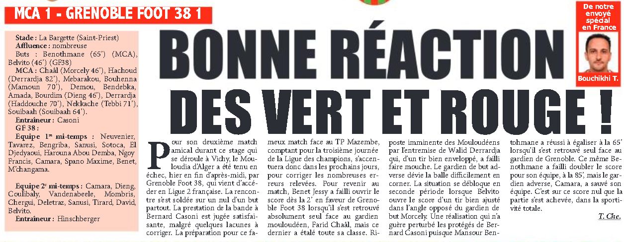 Jeudi 5.7.2018  à St-Priest en Jarez (St Etienne) (à Grenoble Foot 38 (Ligue 2 Française)-MCA 1-1