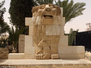 Destroyed: The 1,900-year-old Lion of Al-Lat statue (pictured before ISIS seized Palmyra) is said to have been destroyed by the terrorists. The celebrated monument was built as a tribute to a pre-Islamic Arab goddess