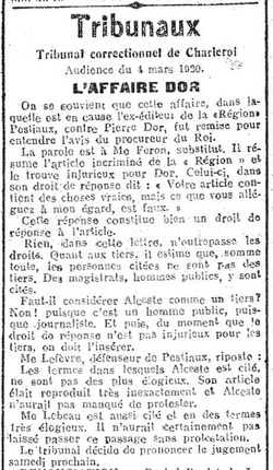 L'Affaire Dor (Le Journal de Charleroi, 5 mars 1920)(Belgicapress)