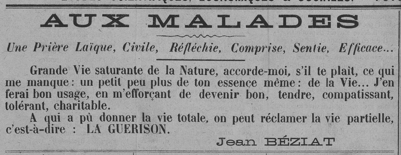 Aux malades, Jean Béziat (Le Fraterniste, 1er juillet 1923)