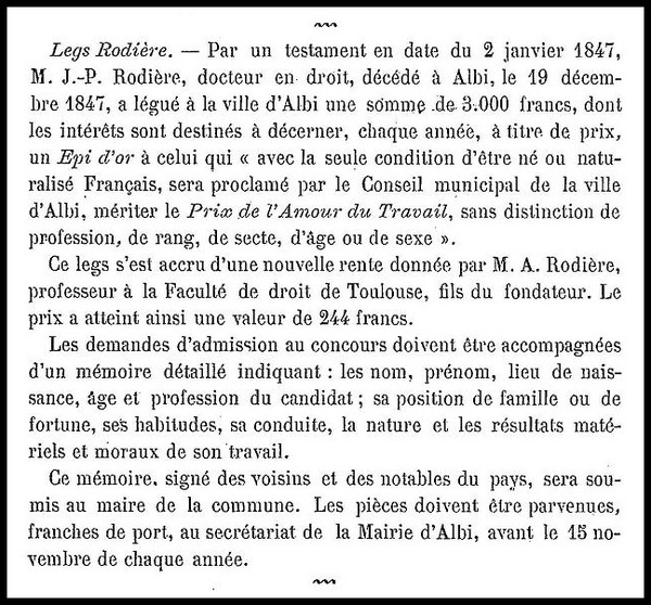  - L'Epi d'Or attribuée en 1860....au graulhétois Pierre PERRY 