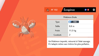 Écrapince description pokédex : espèce invasive de Galar [Screenshot Pokémon Epée Bouclier].