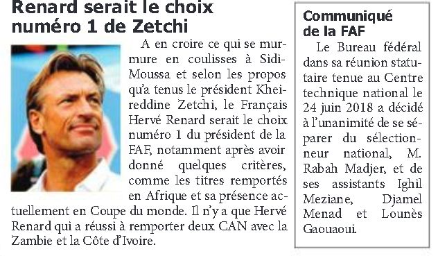 24.6.2018 la FAF confirme le limogeage de Madjer et son Staff Ighil, Menad, Guaouaoui