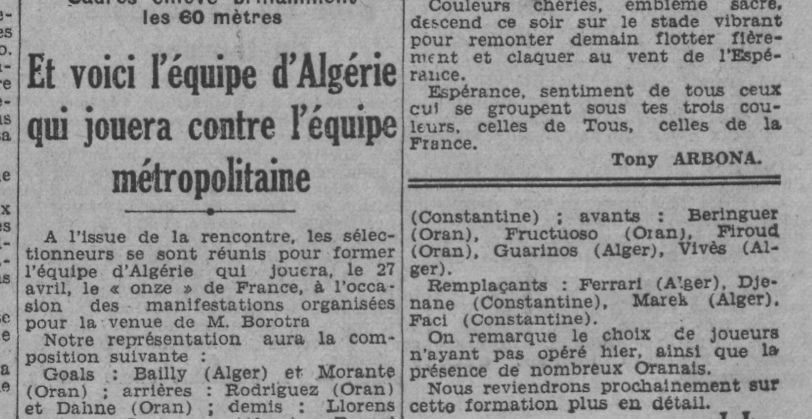 Dimanche 27.4.1941 au Municipal Amical Algérie-France 1-2