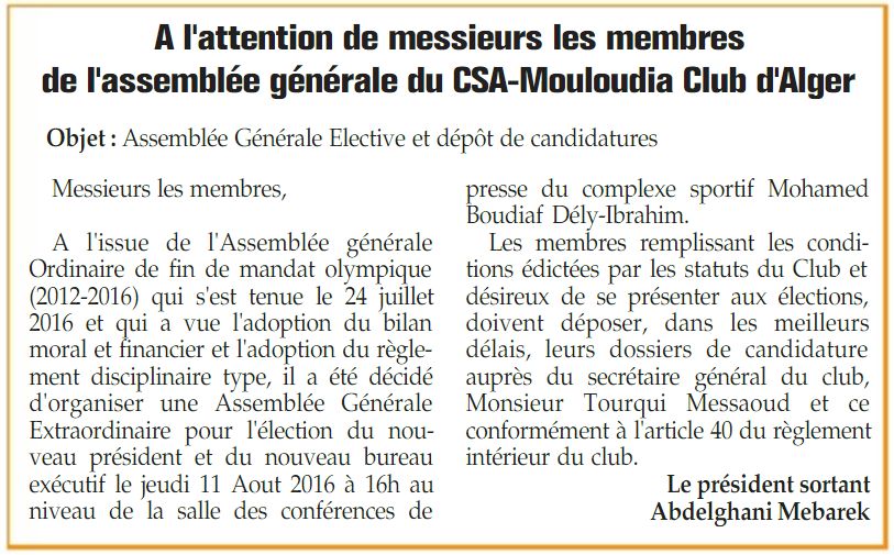 CSA MCA AG élective, communiqué signé Mebrek Abdelghani
