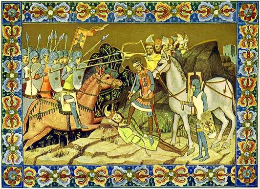 Enluminure représentant un homme en armure et portant une couronne marchant sur le corps d'un autre souverain apparemment mort ; la scène se déroule au milieu d'une bataille