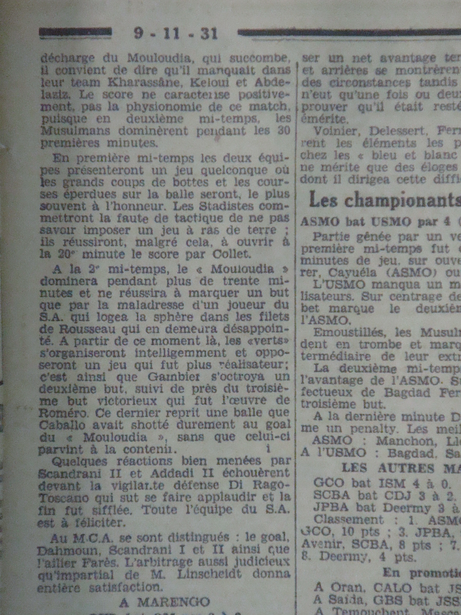 Dimanche 8.11.1931 à hussein dey Stade Algérois-MCA 3-1