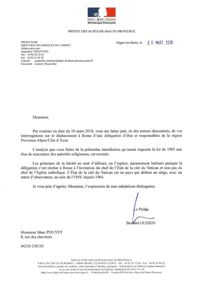 Voyage d'élus au Vatican/ Réponse de Monsieur le préfet des Alpes de haute Provence à LP04