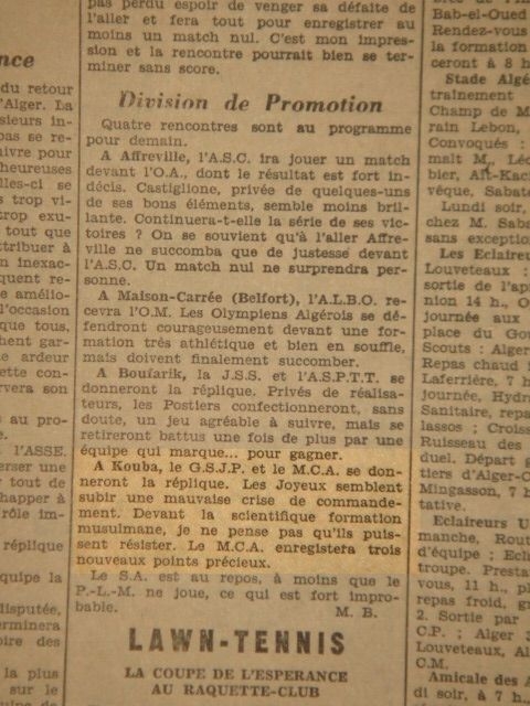 19.01.1930 Le GSJP affronte le MCA au jeu scientifique à Kouba
